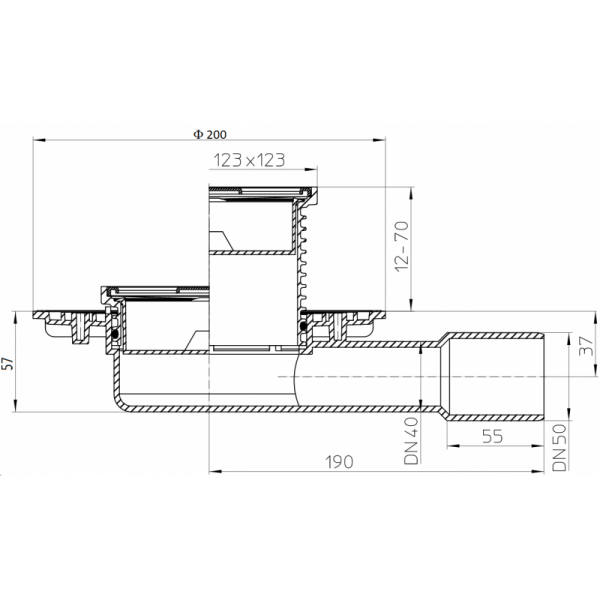 HL90 slivnik za balkon i terasu DN 40/50,horizontalni 123x123mm, 115x115mm