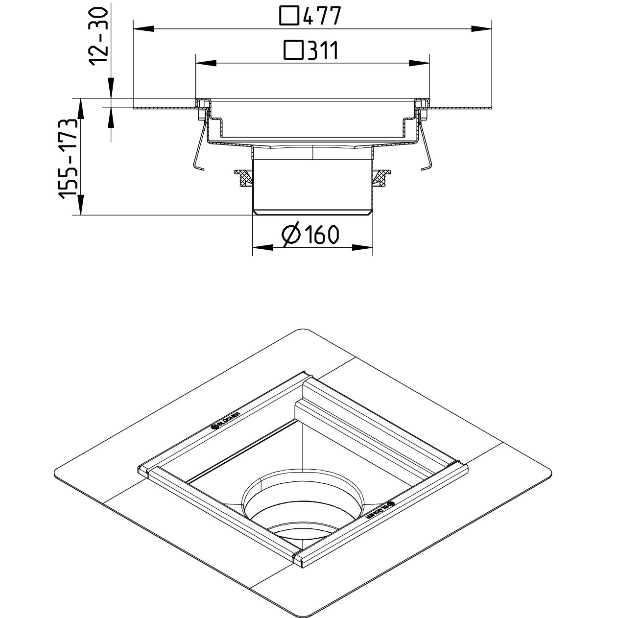 BLÜCHER INDUSTRIJSKI SLIVNIK 300x300 - (668EK003-00) 2 BLÜCHER INDUSTRIJSKI SLIVNIK 300x300 - (668EK003-00) – Line Drawing – Kitchen channel-Liquid membrane