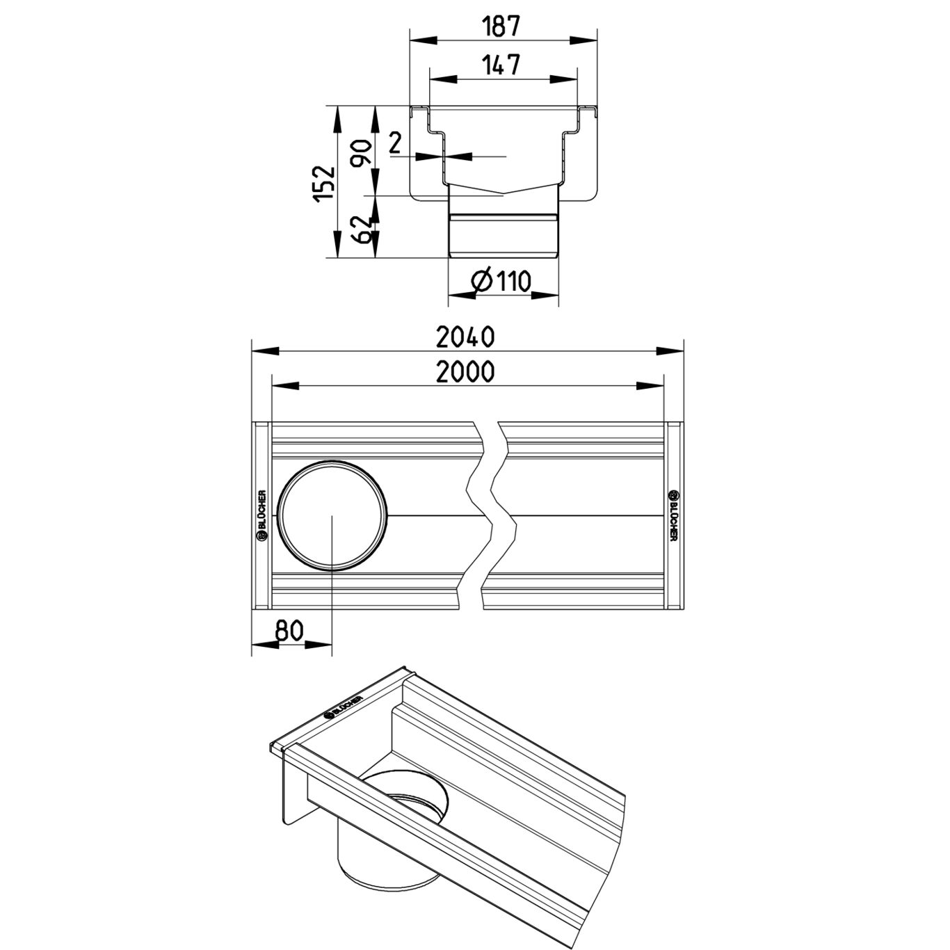 BLÜCHER KANAL 150x2000 ODVOD NA KRAJU - (670CH020-00BA) 2 BLÜCHER KANAL 150x2000 ODVOD NA KRAJU - (670CH020-00BA) – Line Drawing – Channel-No membrane