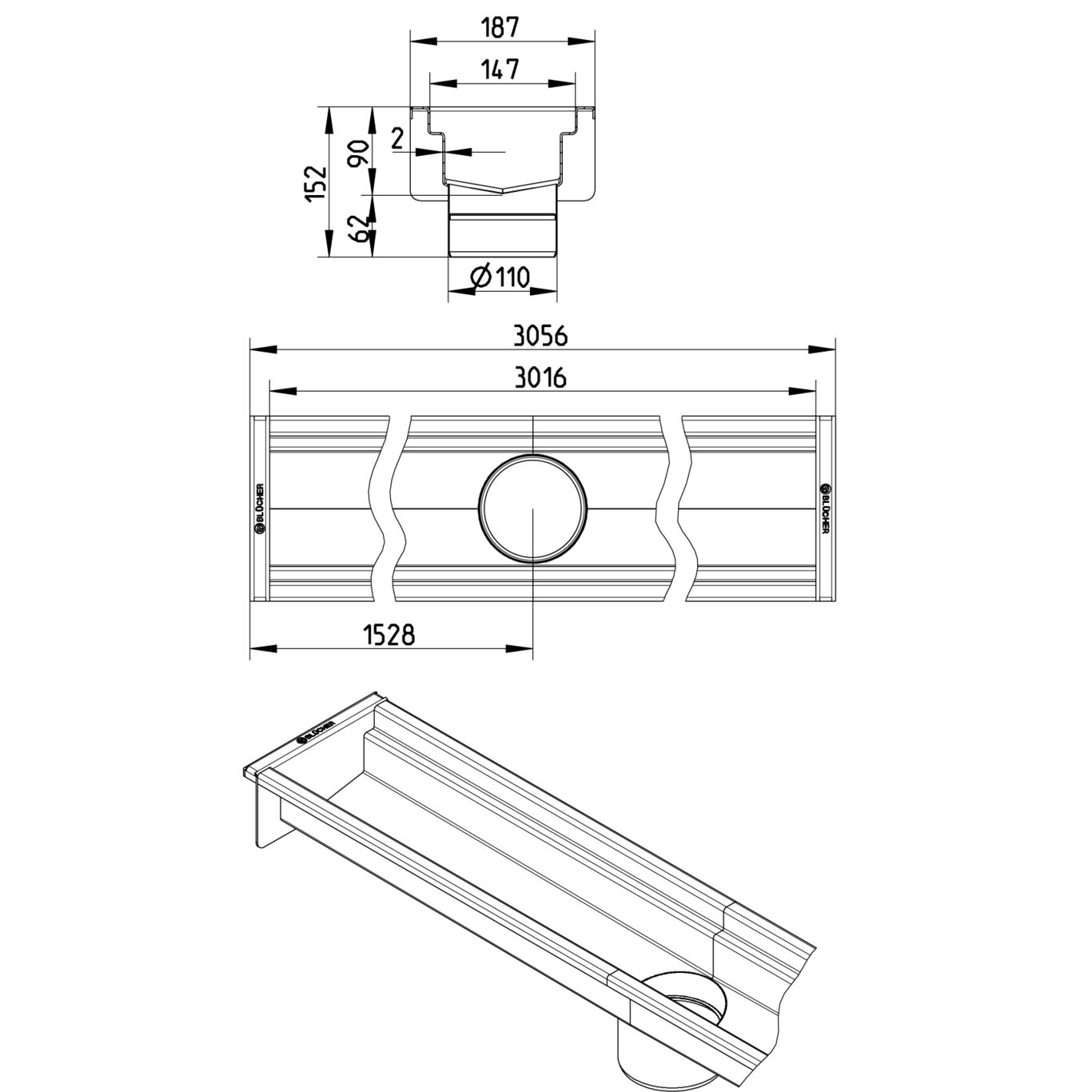 BLÜCHER KANAL 150x3000 ODVOD NA SREDINI - (670CH030-15BA) 2 BLÜCHER KANAL 150x3000 ODVOD NA SREDINI - (670CH030-15BA) – Line Drawing – Channel-No membrane