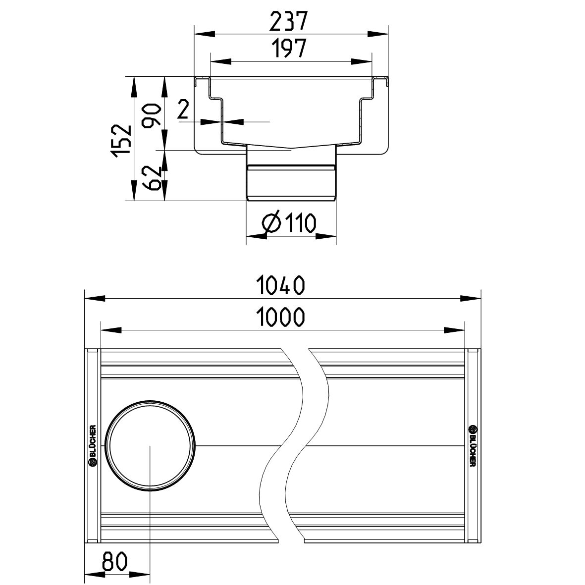 BLÜCHER KANAL 200x1000 ODVOD NA KRAJU - (670DH010-00BA) 2 BLÜCHER KANAL 200x1000 ODVOD NA KRAJU - (670DH010-00BA) – Line Drawing – Channel-No membrane