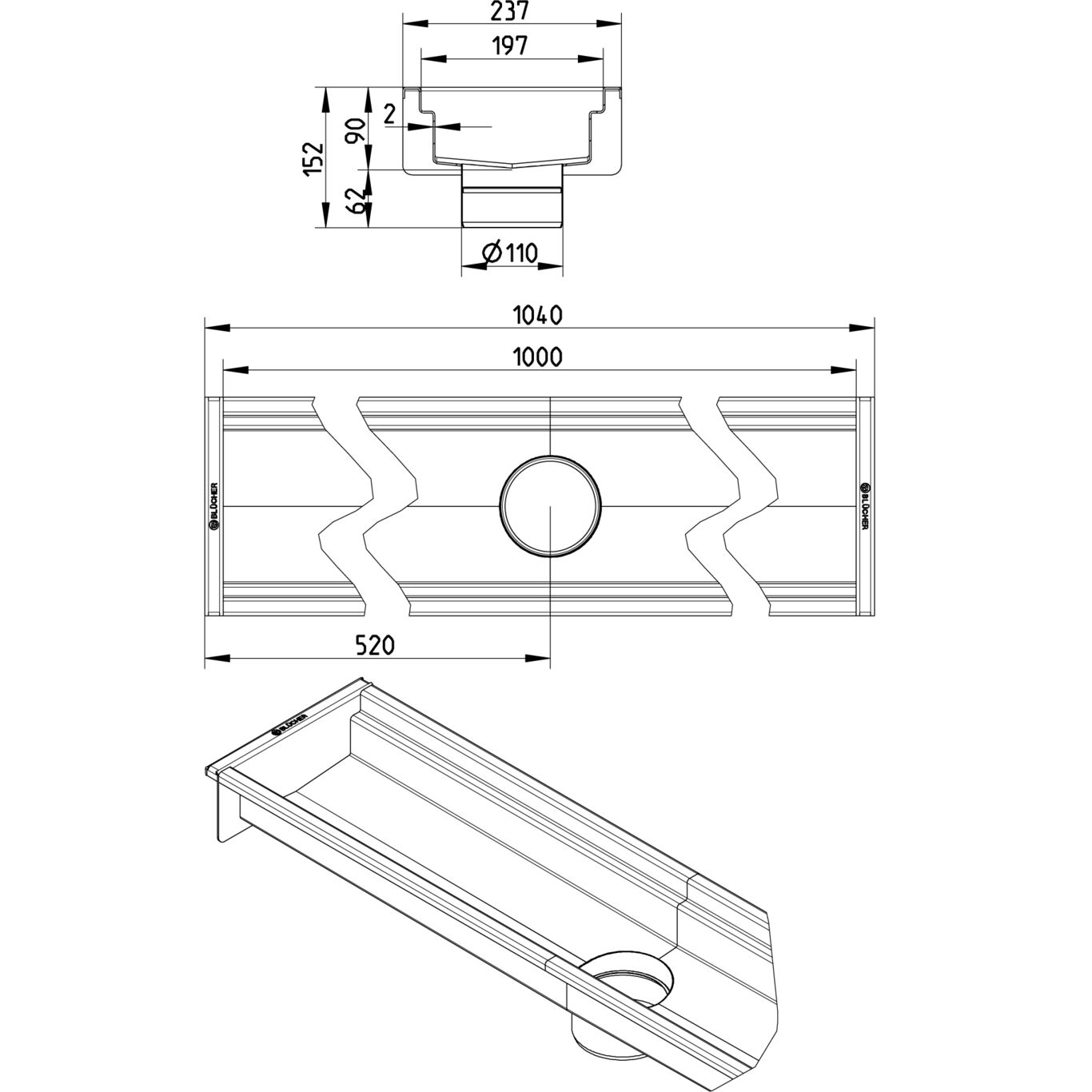 BLÜCHER KANAL 200x1000 ODVOD NA SREDINI - (670DH010-05BA) 2 BLÜCHER KANAL 200x1000 ODVOD NA SREDINI - (670DH010-05BA) – Line Drawing – Channel-No membrane