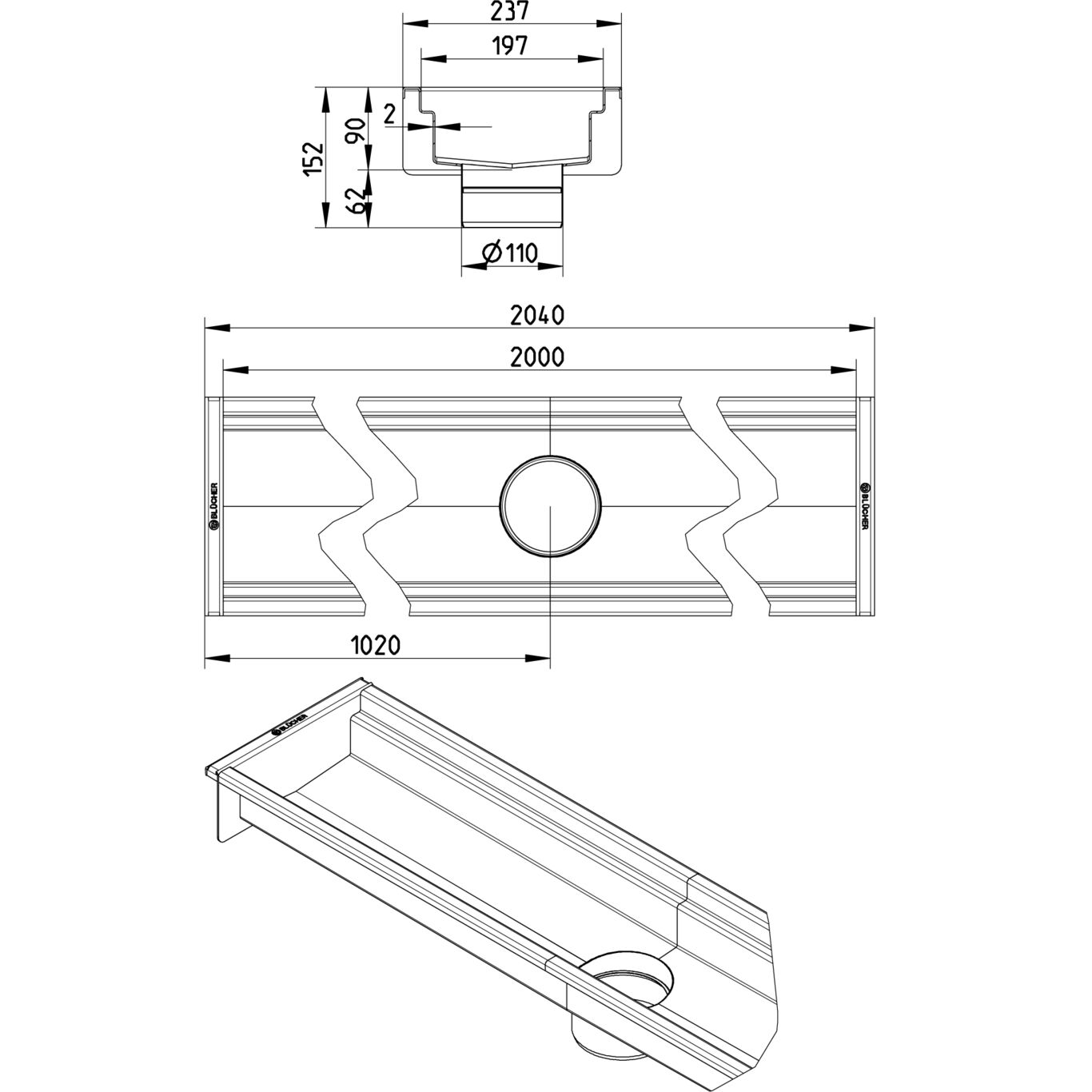 BLÜCHER KANALICA 200x2000 ODVOD NA SREDINI - (670DH020-10BA) 2 BLÜCHER KANALICA 200x2000 ODVOD NA SREDINI - (670DH020-10BA) – Line Drawing – Channel-No membrane