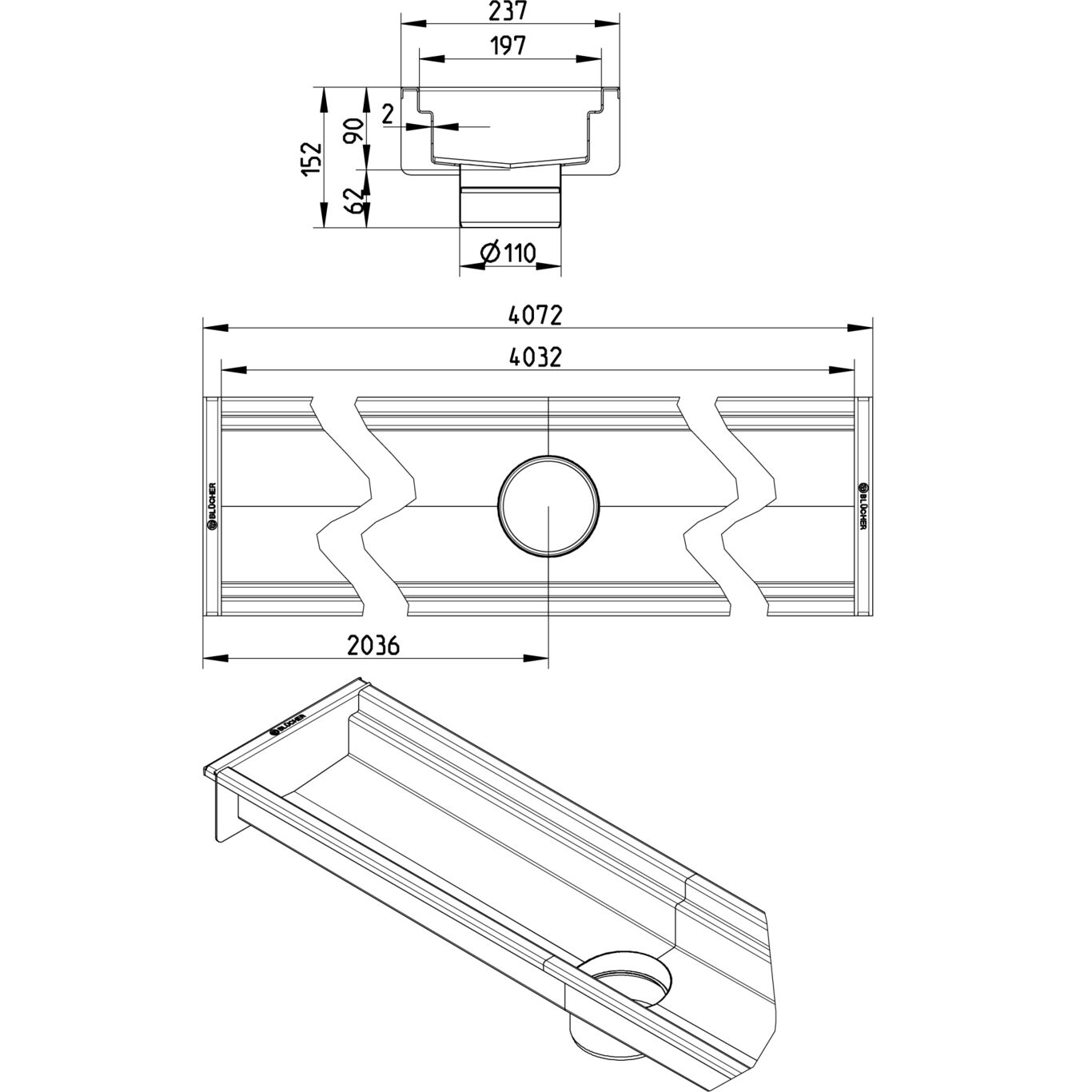 BLÜCHER KANAL 200x4000 ODVOD NA SREDINI - (670DH040-20BA) 2 BLÜCHER KANAL 200x4000 ODVOD NA SREDINI - (670DH040-20BA) – Line Drawing – Channel-No membrane
