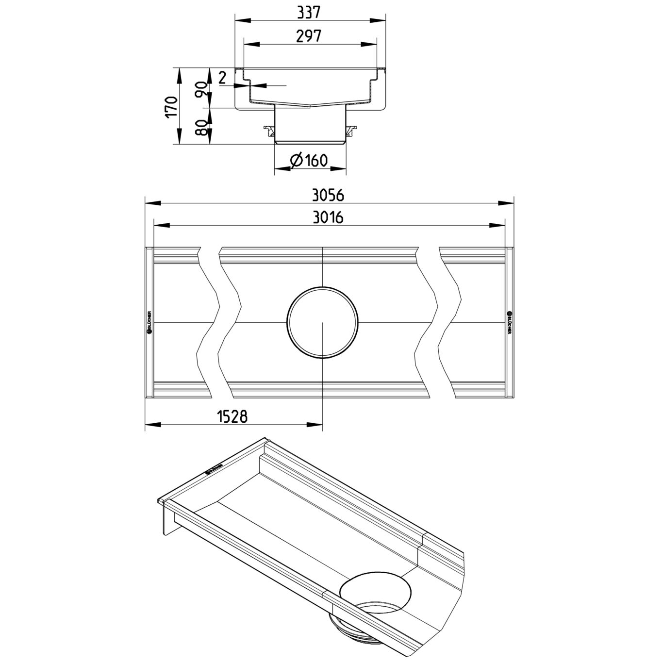 BLÜCHER KANAL 300x3000 ODVOD NA SREDINI - (670EK030-15BA) 2 BLÜCHER KANAL 300x3000 ODVOD NA SREDINI - (670EK030-15BA) – Line Drawing – Channel-No membrane