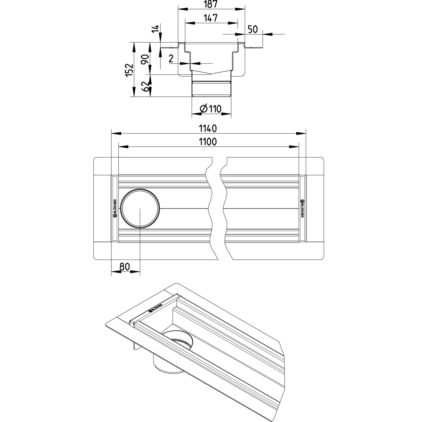BLÜCHER KANAL 150x1100 ODVOD NA KRAJU - (674CH011-00BA) 2 BLÜCHER KANAL 150x1100 ODVOD NA KRAJU - (674CH011-00BA) – Line Drawing – Channel-Liquid membrane