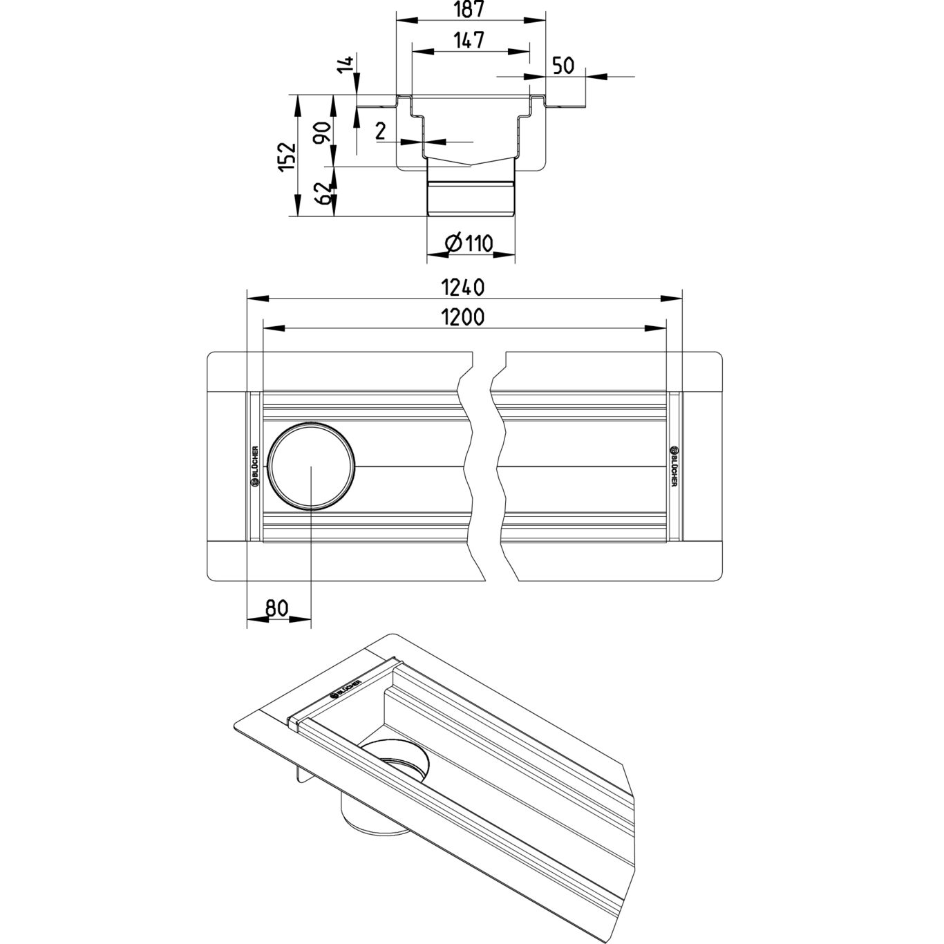 BLÜCHER KANAL 150x1200 ODVOD NA KRAJU - (674CH012-00BA) 2 BLÜCHER KANAL 150x1200 ODVOD NA KRAJU - (674CH012-00BA) – Line Drawing – Channel-Liquid membrane