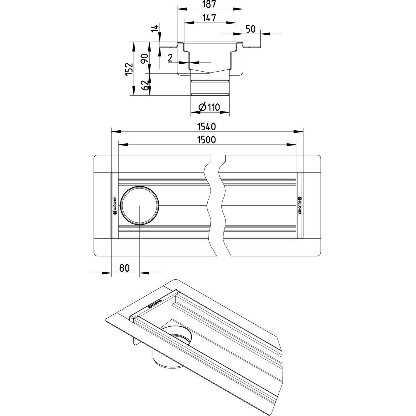 BLÜCHER KANAL 150x1500 ODVOD NA KRAJU - (674CH015-00BA) 2 BLÜCHER KANAL 150x1500 ODVOD NA KRAJU - (674CH015-00BA) – Line Drawing – Channel-Liquid membrane