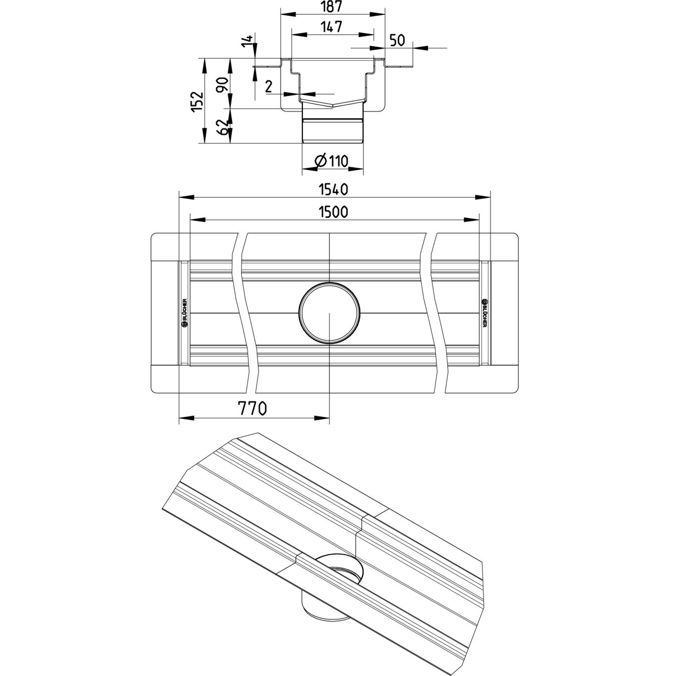 BLÜCHER KANAL 150x1500 ODVOD NA SREDINI - (674CH015-08BA) 2 BLÜCHER KANAL 150x1500 ODVOD NA SREDINI - (674CH015-08BA) – Line Drawing – Channel-Liquid membrane