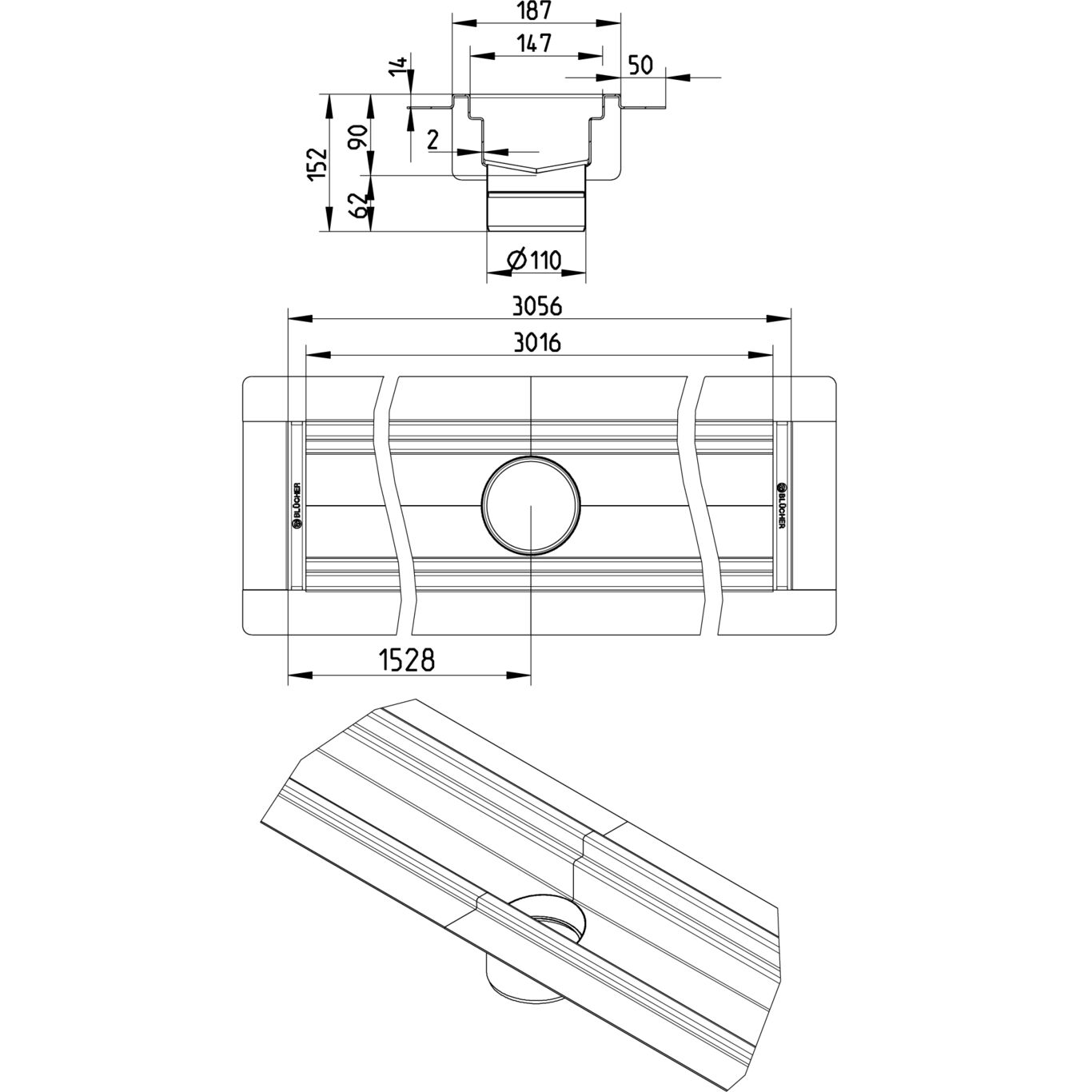 BLÜCHER KANAL 150x3000 ODVOD NA SREDINI - (674CH030-15BA) 2 BLÜCHER KANAL 150x3000 ODVOD NA SREDINI - (674CH030-15BA) – Line Drawing – Channel-Liquid membrane