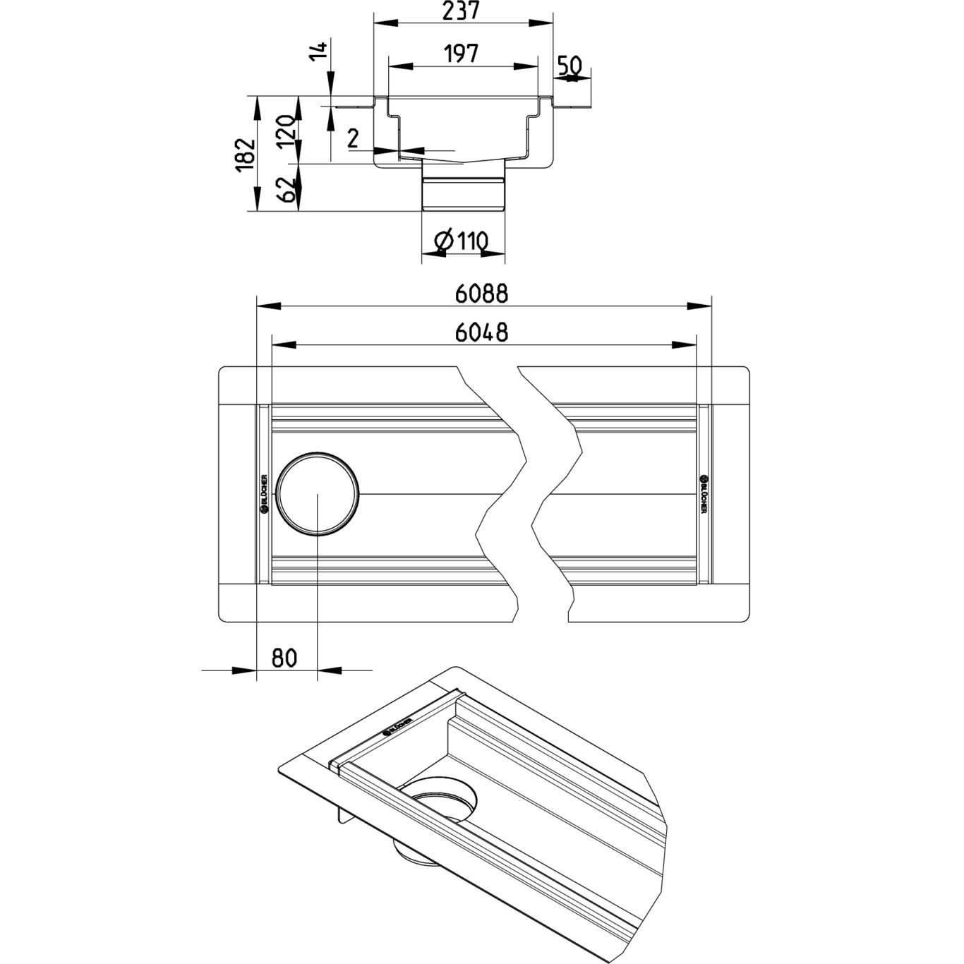 BLÜCHER KANAL 200x6000 ODVOD NA KRAJU - (674DH060-00BA) 2 BLÜCHER KANAL 200x6000 ODVOD NA KRAJU - (674DH060-00BA) – Line Drawing – Channel-Liquid membrane