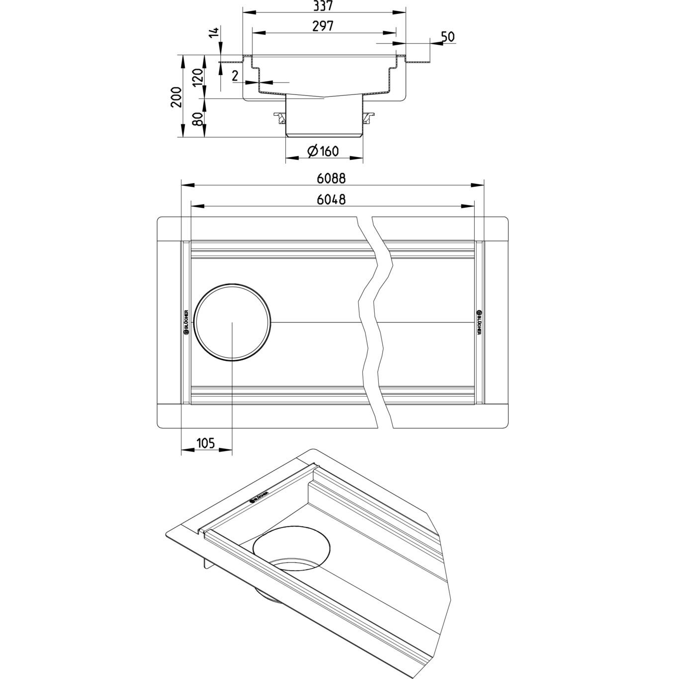 BLÜCHER CHANNEL 300x6000 END OUTLET - (674EK060-00BA) 2 BLÜCHER CHANNEL 300x6000 END OUTLET - (674EK060-00BA) – Line Drawing – Channel-Liquid membrane