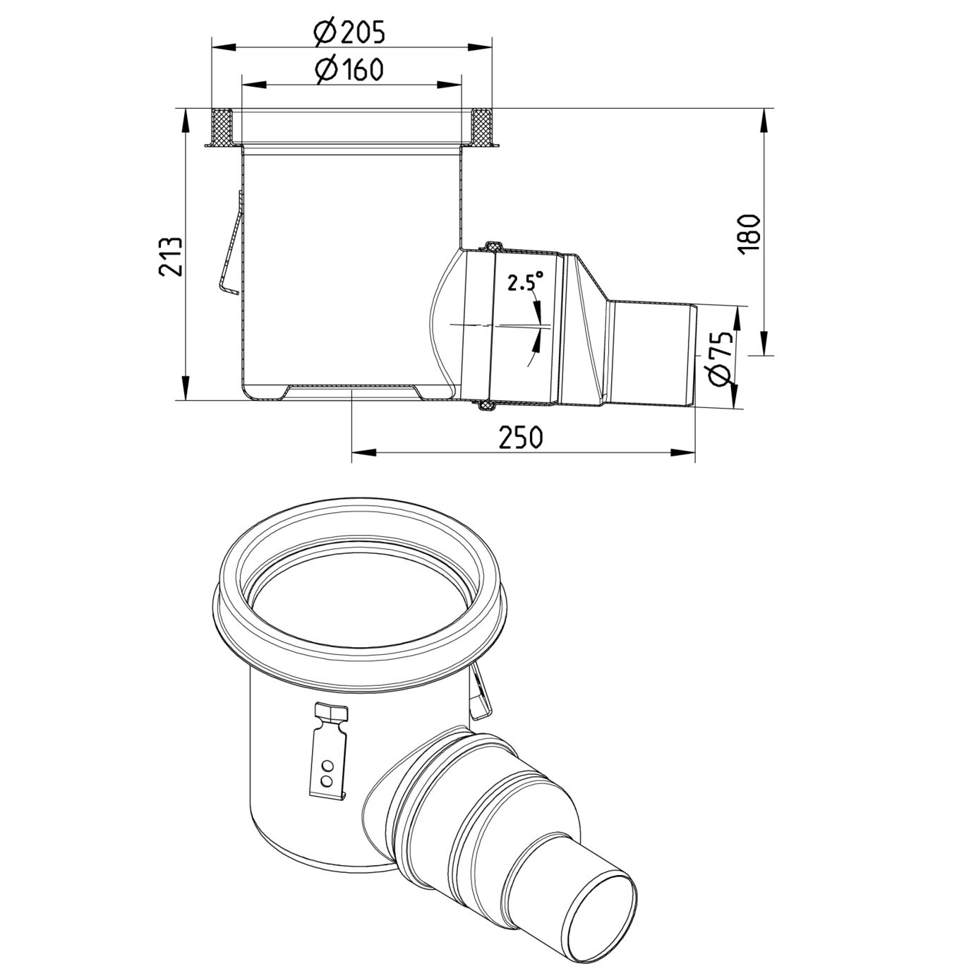 BLÜCHER INDUSTRIJSKI SLIVNIK - (763.502.075) 2 BLÜCHER INDUSTRIJSKI SLIVNIK - (763.502.075) – Line Drawing – Drain-No membrane-205