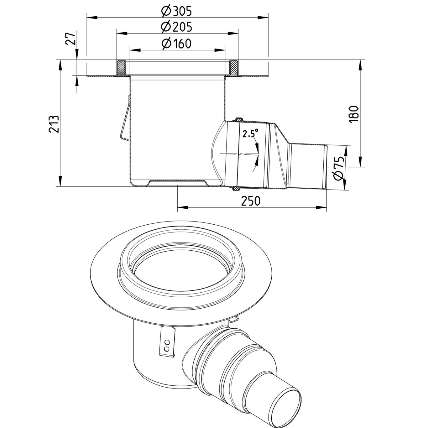 BLÜCHER INDUSTRIJSKI SLIVNIK - (763.522.075) 2 BLÜCHER INDUSTRIJSKI SLIVNIK - (763.522.075) – Line Drawing – Drain-No membrane-205