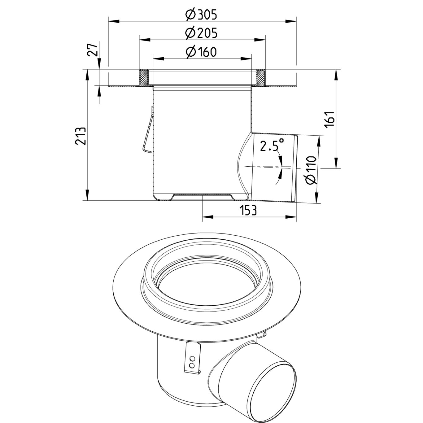 BLÜCHER INDUSTRIAL DRAIN - (763.522.110) 2 BLÜCHER INDUSTRIAL DRAIN - (763.522.110) – Line Drawing – Drain-No membrane-205