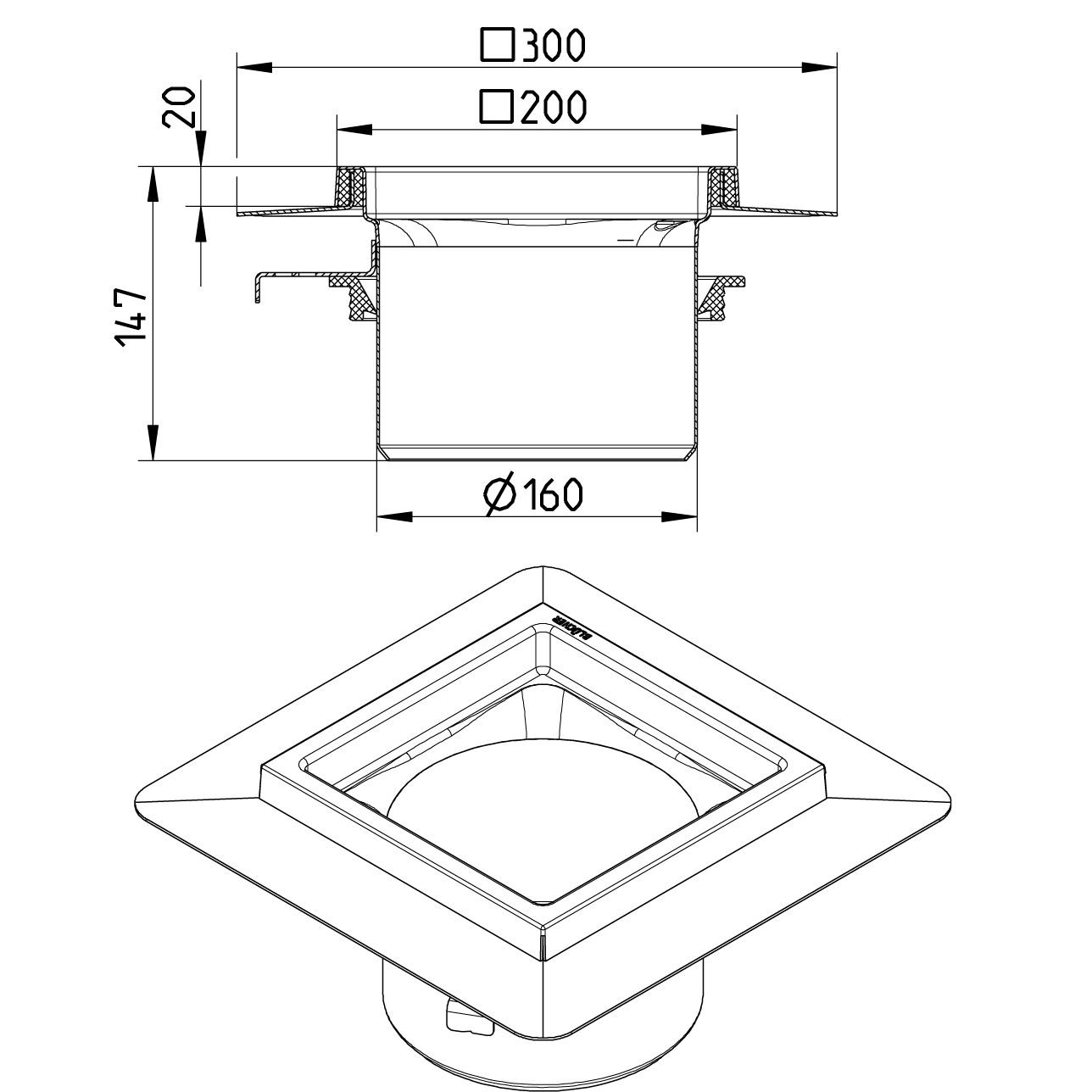 BLÜCHER INDUSTRIJSKI SLIVNIK 200x200 - (774.422.000.01) 2 BLÜCHER INDUSTRIJSKI SLIVNIK 200x200 - (774.422.000.01) – Line Drawing – Upper part-Liquid membrane-200
